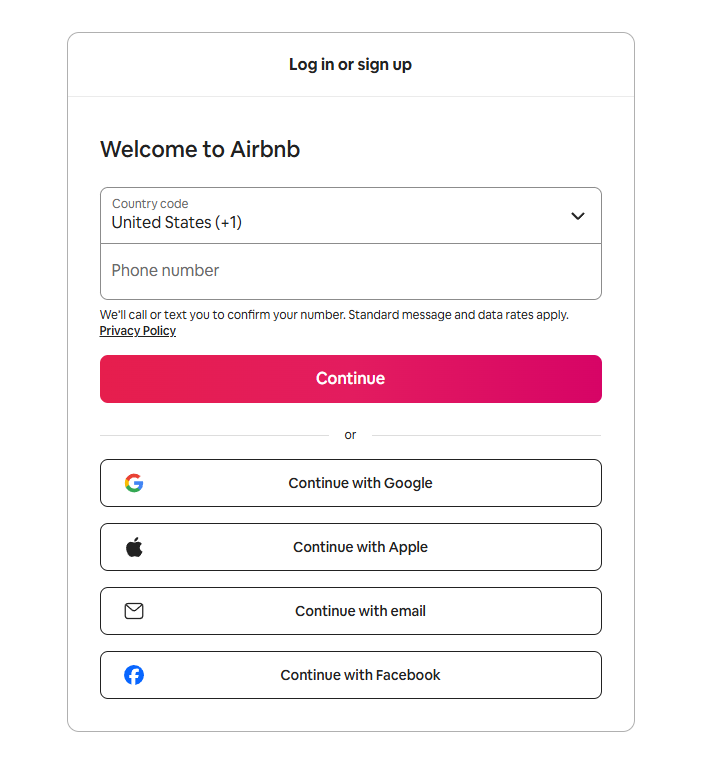 Airbnb signup step 1